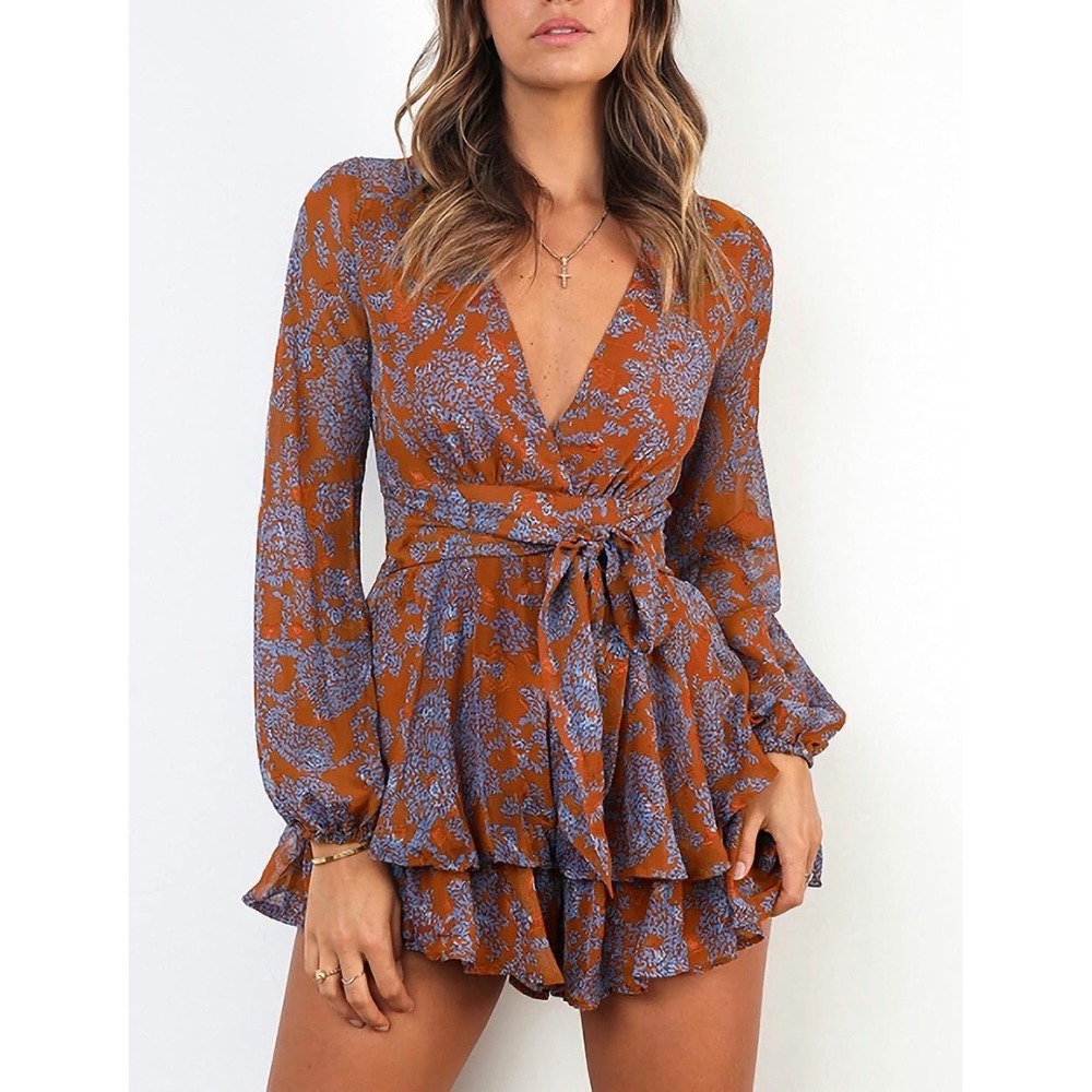 Relipop Womens Floral Romper V Neck Long Sleeve Ruffle Hem Orange Blue Jumpsuit